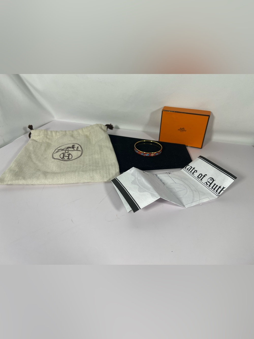 Hermès Enamel Printed Bangle Bracelet Red Gold Plated PM w/ Box & Dust Bag & COA